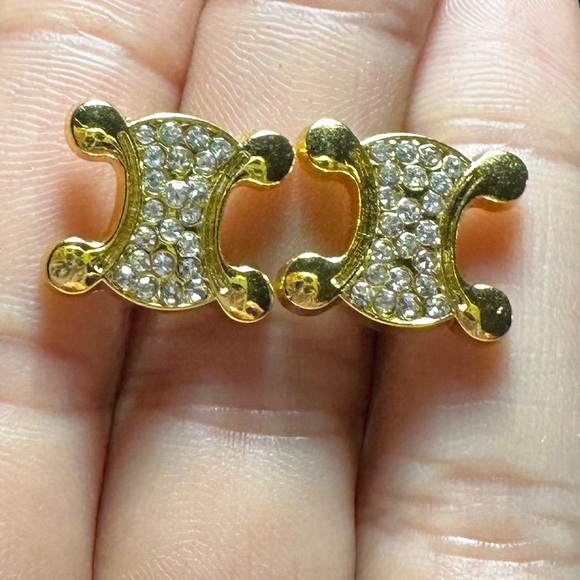 Celine Gold Crystal Metal Buttons Turned into Earring Studs Macadam Triomphe - Picture 4 of 16